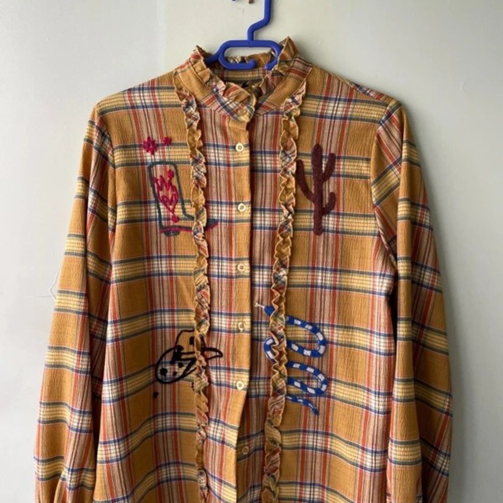 Yellow Plaid Button-Up Shirt with Embroidery